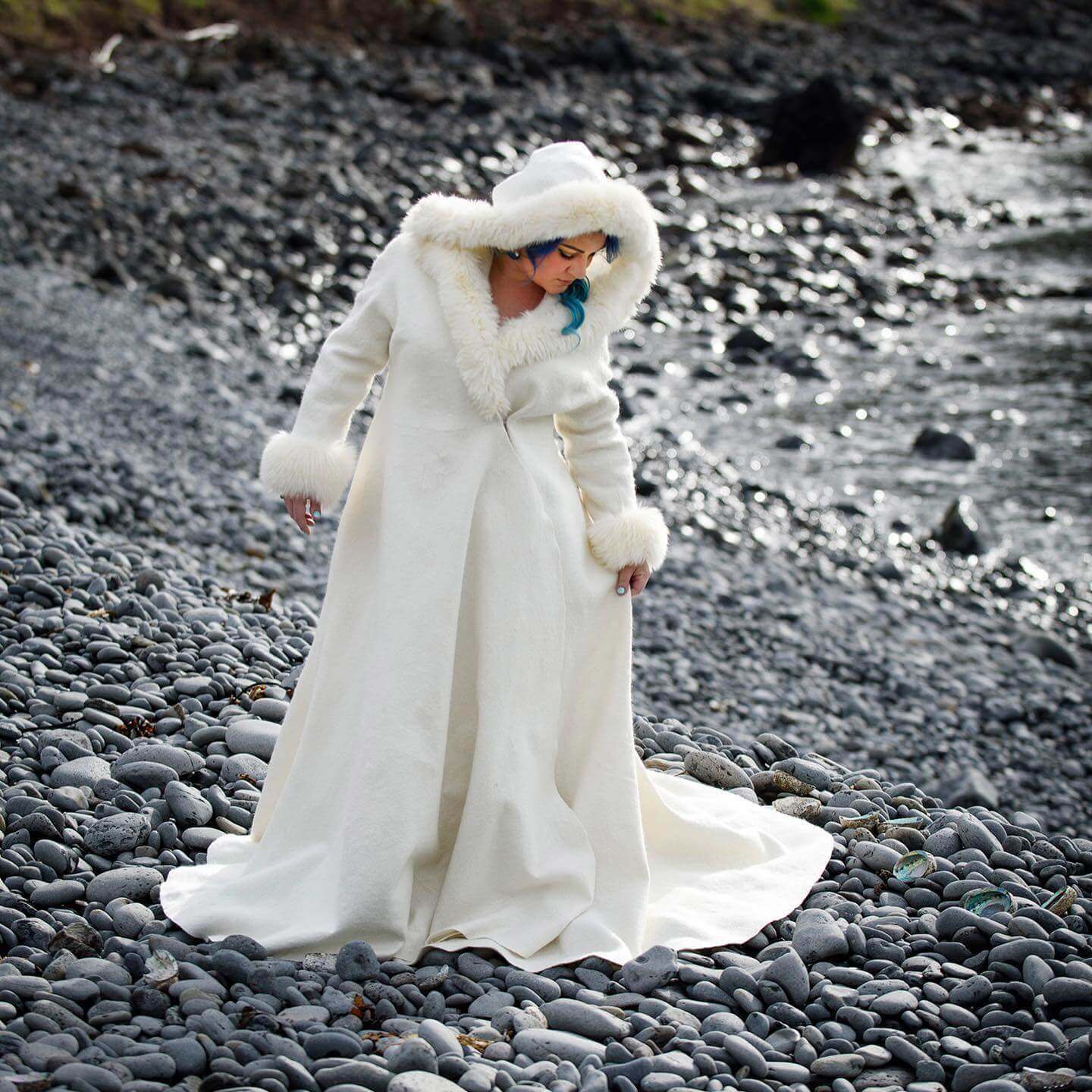 Handfelted from Ashford Merino and Silk top, with bleached possum skin cuffs and hood trim.
Photograph by Frank Visser Photography